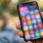 Hand holding smartphone with Snapchat-style social app - private story name ideas