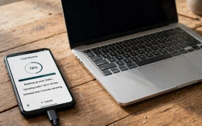 Phone showing WhatsApp chat backup progress beside a laptop