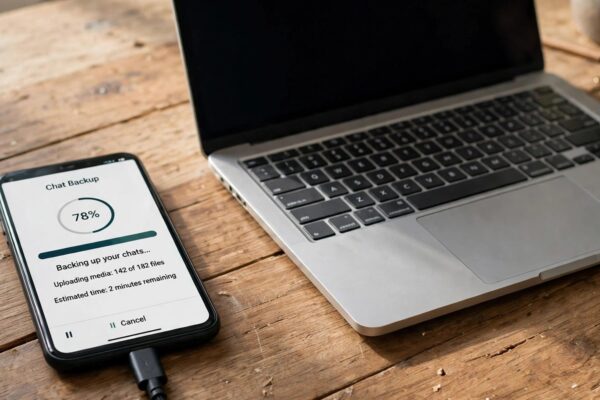 Phone showing WhatsApp chat backup progress beside a laptop