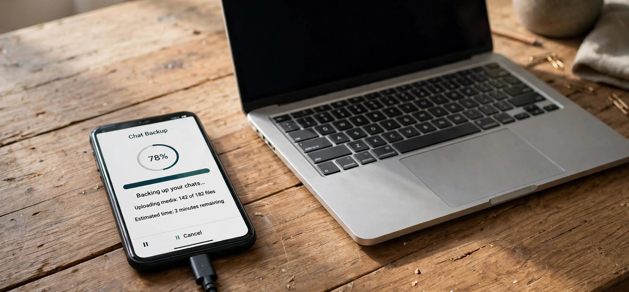 Phone showing WhatsApp chat backup progress beside a laptop